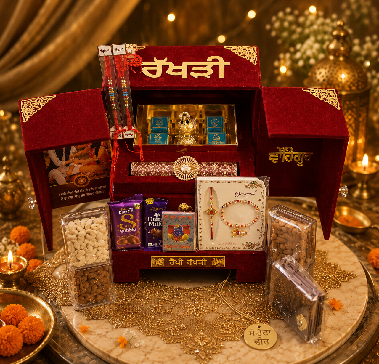 Festive rakhi collection in a wooden box